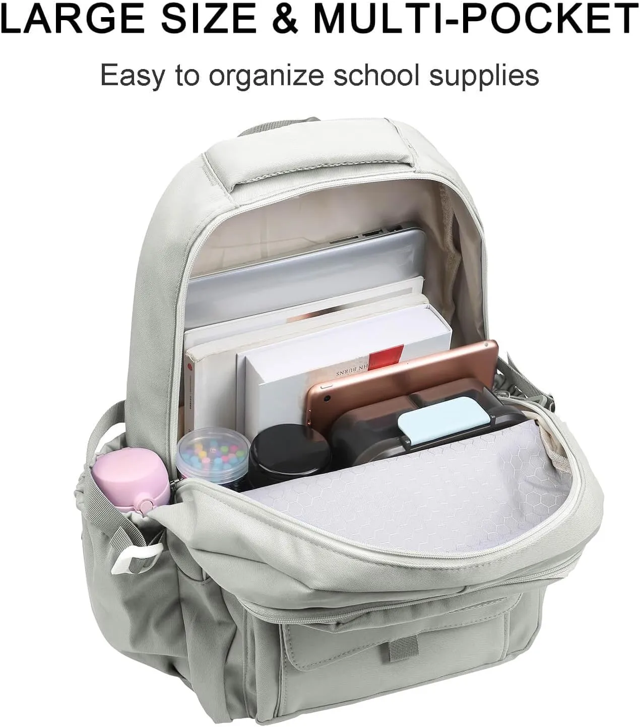 Phaoullzon Teen Girls School Backpack with Lunch Box for Boys, College Aesthetic Laptop Bookbag for Women,Beige