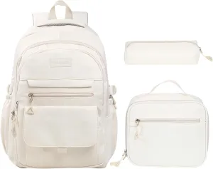 Phaoullzon Teen Girls School Backpack with Lunch Box for Boys, College Aesthetic Laptop Bookbag for Women,Beige