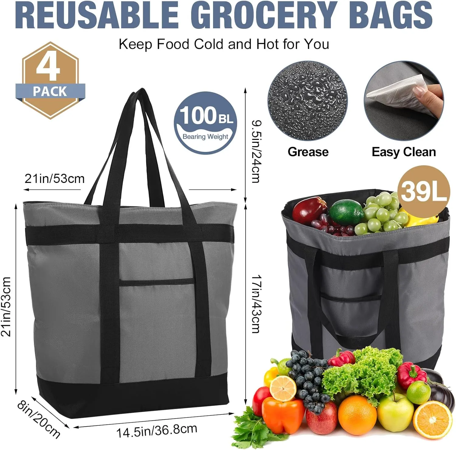 Pickmesh 4 Pcs Large Insulated Cooler Bag with Thermal Foam Insulated Grocery Bags for Shopping Food Delivery Travel Beach and Picnic