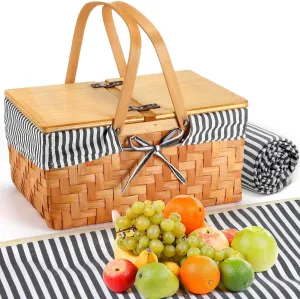 Picnic Basket with Blankets Kit, Handwoven Natural Woodchip Basket with Lid Handle and Extra Large Foldable Waterproof Picnic Mat for Outdoor Camping Beach Grass Party Hiking Travel (Black)