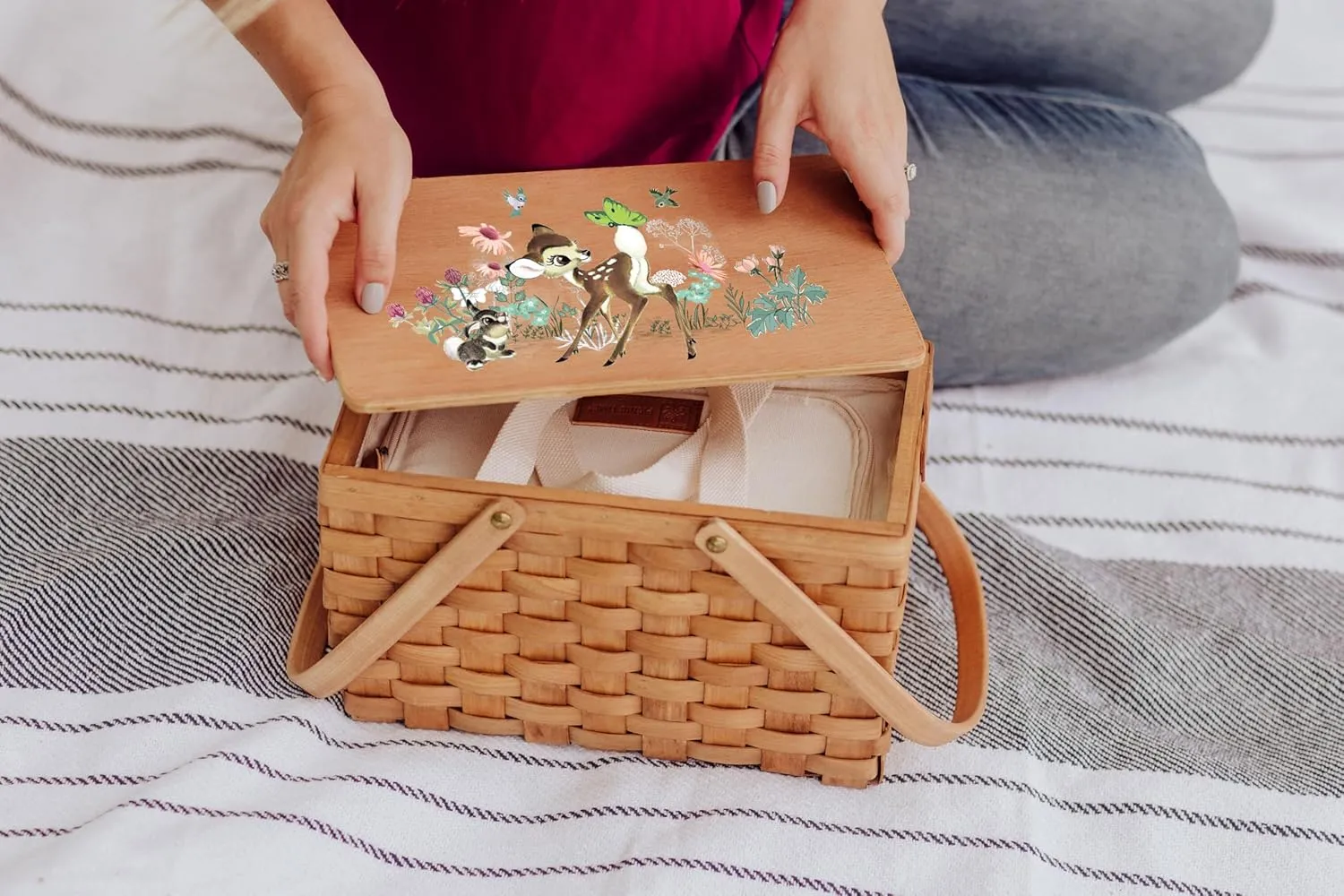 PICNIC TIME Disney Bambi Poppy Personal Picnic Basket, Insulated Lunch Bag, Retro Lunch Box, (Beige)