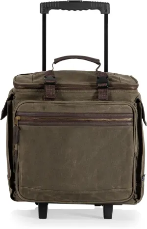 PICNIC TIME Somm - 12 Bottle Insulated Waxed Canvas Wine Bag with Rolling Cart, (Khaki Green with Brown Accents)