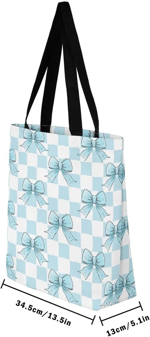 Pink Bowknot Canvas Tote Bag Kawaii Ribbon Bow Beach Bag,Sweet Girly Pink Bow Tie Shoulder Bag