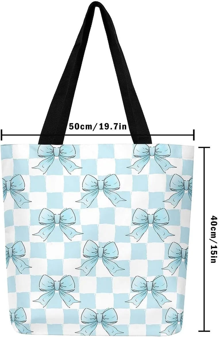 Pink Bowknot Canvas Tote Bag Kawaii Ribbon Bow Beach Bag,Sweet Girly Pink Bow Tie Shoulder Bag