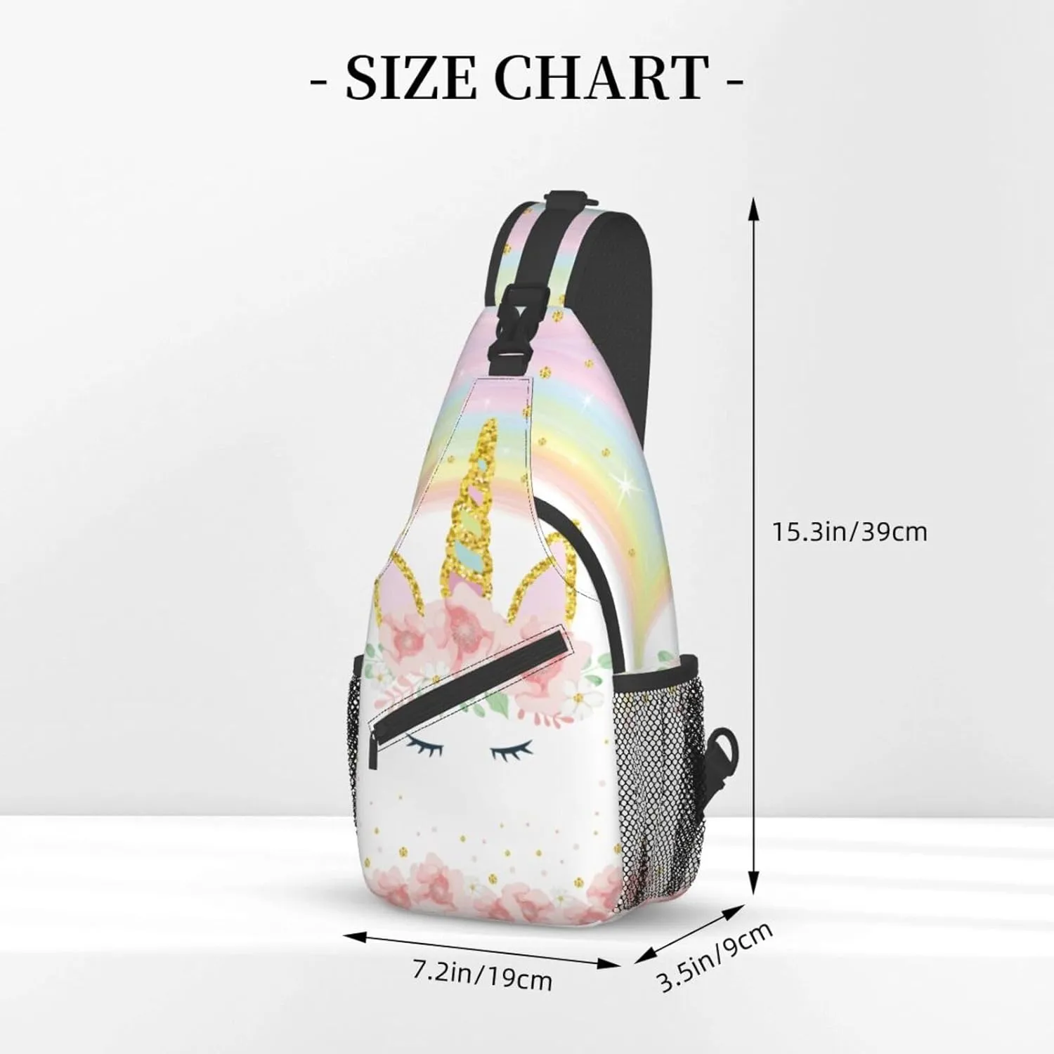 Pink Glitter Flowers Unicorn Sling Bag Crossbody Backpack for Women Men Hiking Travel Over the Shoulder Daypack Casual One Strap Pack Lightweight Cross Chest Bag Purse Outdoor Cycling