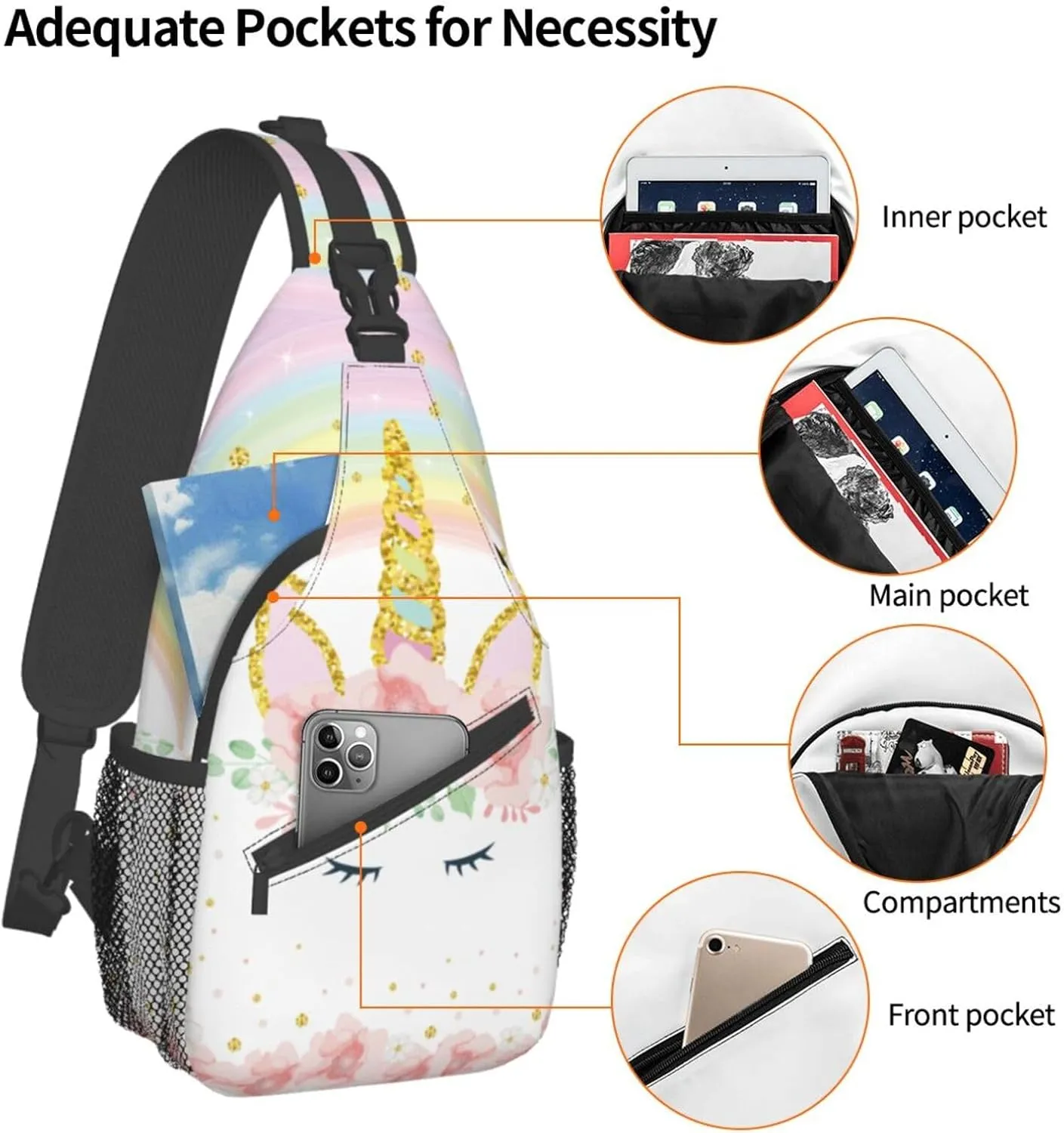 Pink Glitter Flowers Unicorn Sling Bag Crossbody Backpack for Women Men Hiking Travel Over the Shoulder Daypack Casual One Strap Pack Lightweight Cross Chest Bag Purse Outdoor Cycling