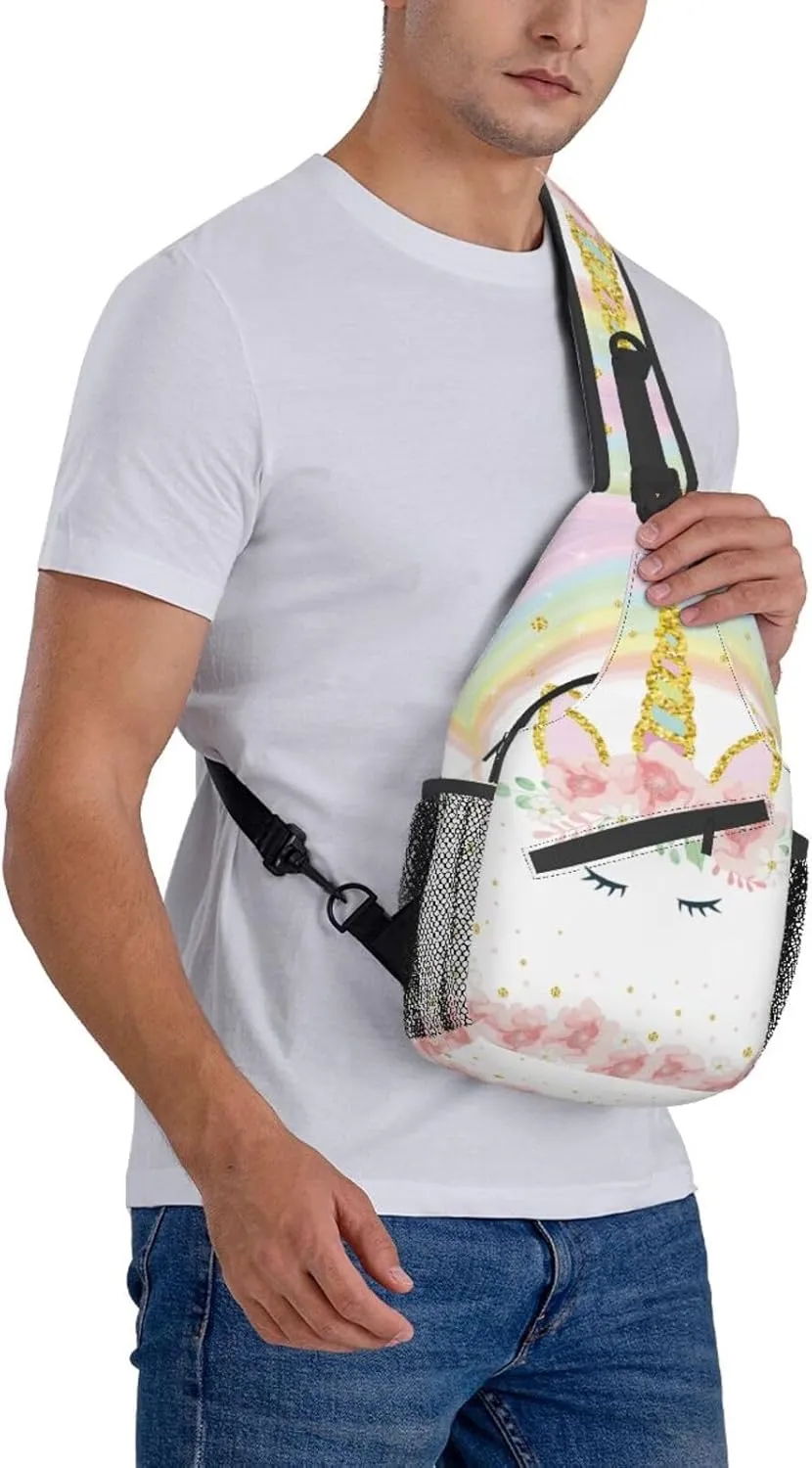Pink Glitter Flowers Unicorn Sling Bag Crossbody Backpack for Women Men Hiking Travel Over the Shoulder Daypack Casual One Strap Pack Lightweight Cross Chest Bag Purse Outdoor Cycling