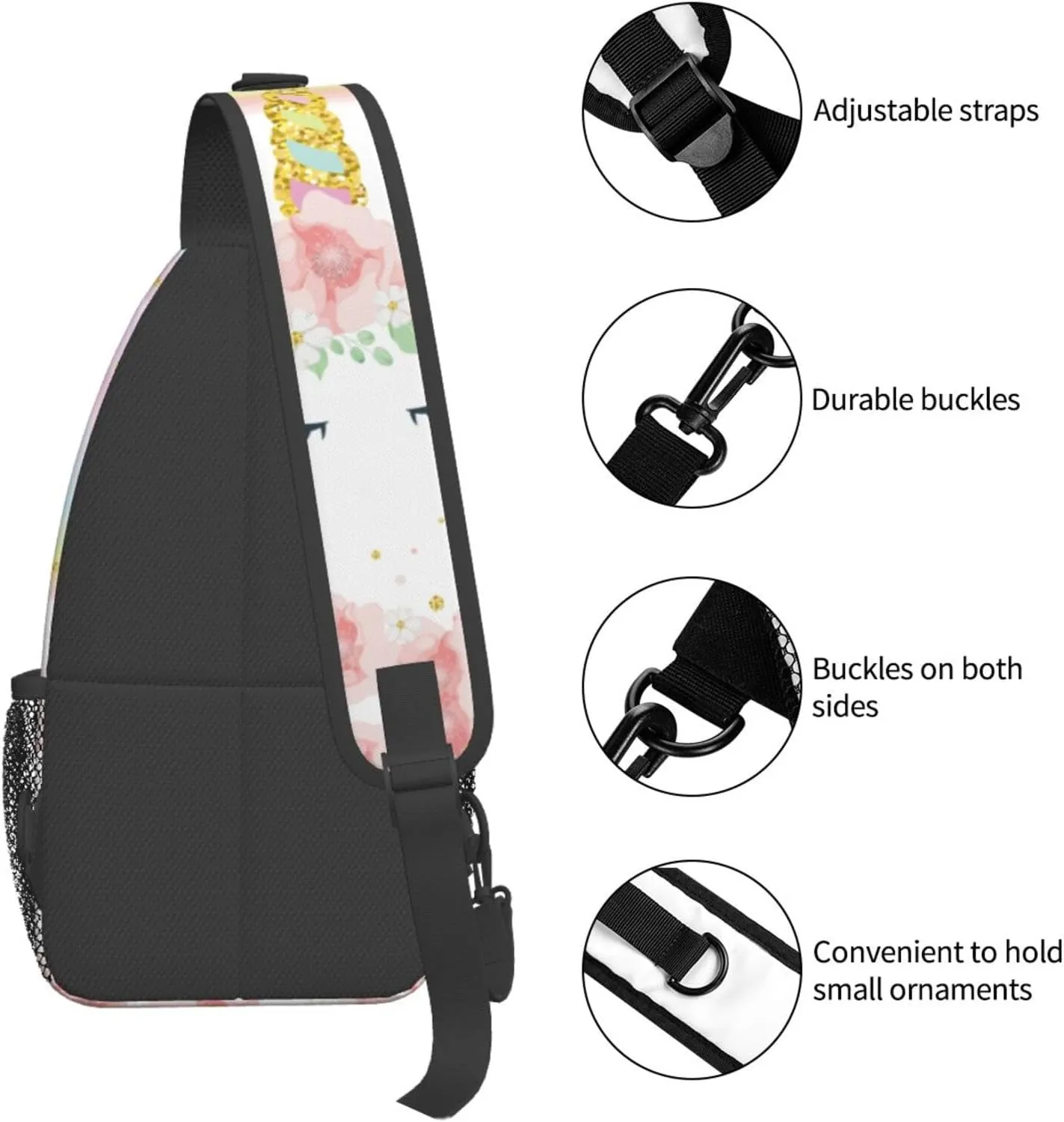 Pink Glitter Flowers Unicorn Sling Bag Crossbody Backpack for Women Men Hiking Travel Over the Shoulder Daypack Casual One Strap Pack Lightweight Cross Chest Bag Purse Outdoor Cycling