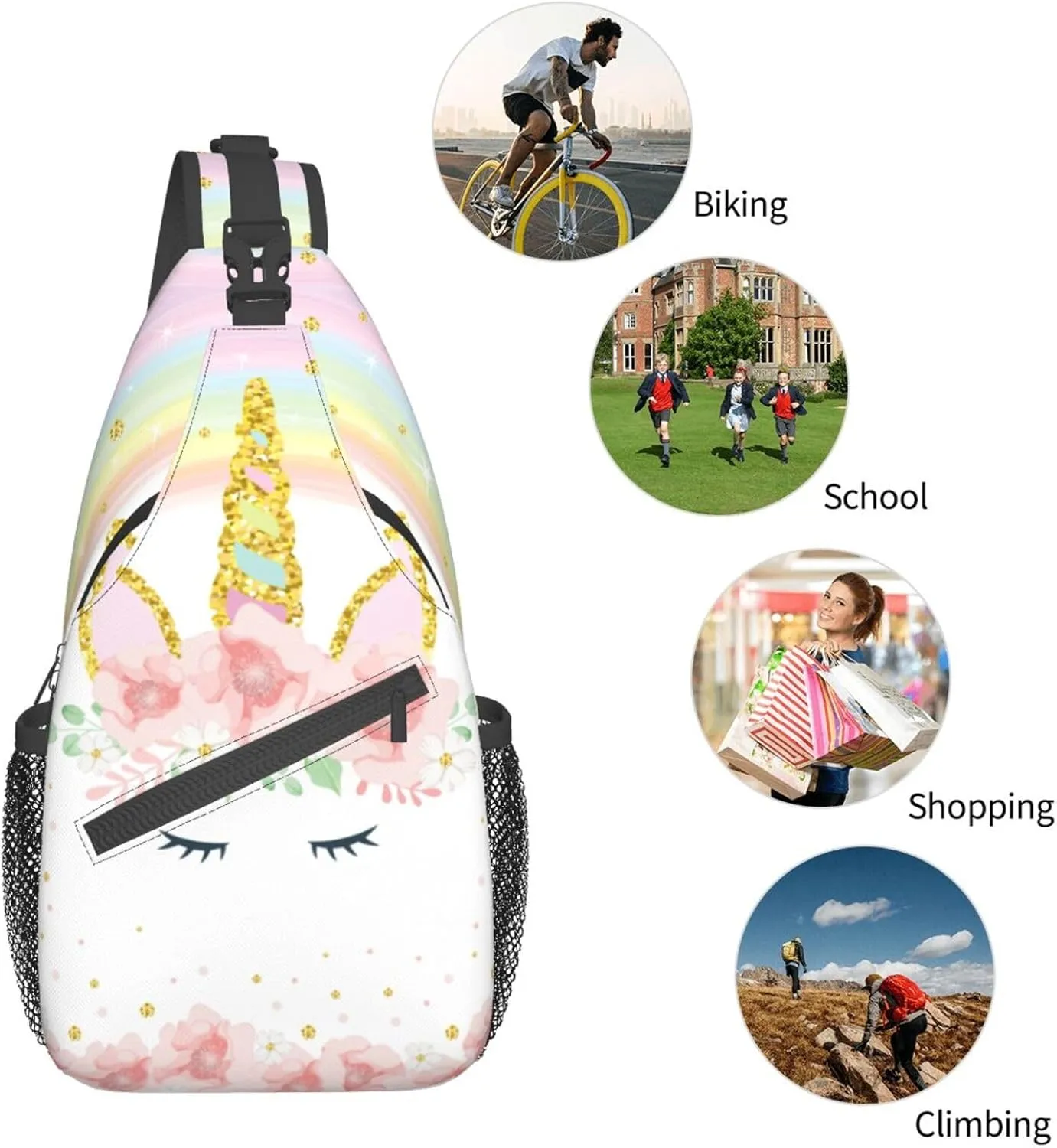 Pink Glitter Flowers Unicorn Sling Bag Crossbody Backpack for Women Men Hiking Travel Over the Shoulder Daypack Casual One Strap Pack Lightweight Cross Chest Bag Purse Outdoor Cycling