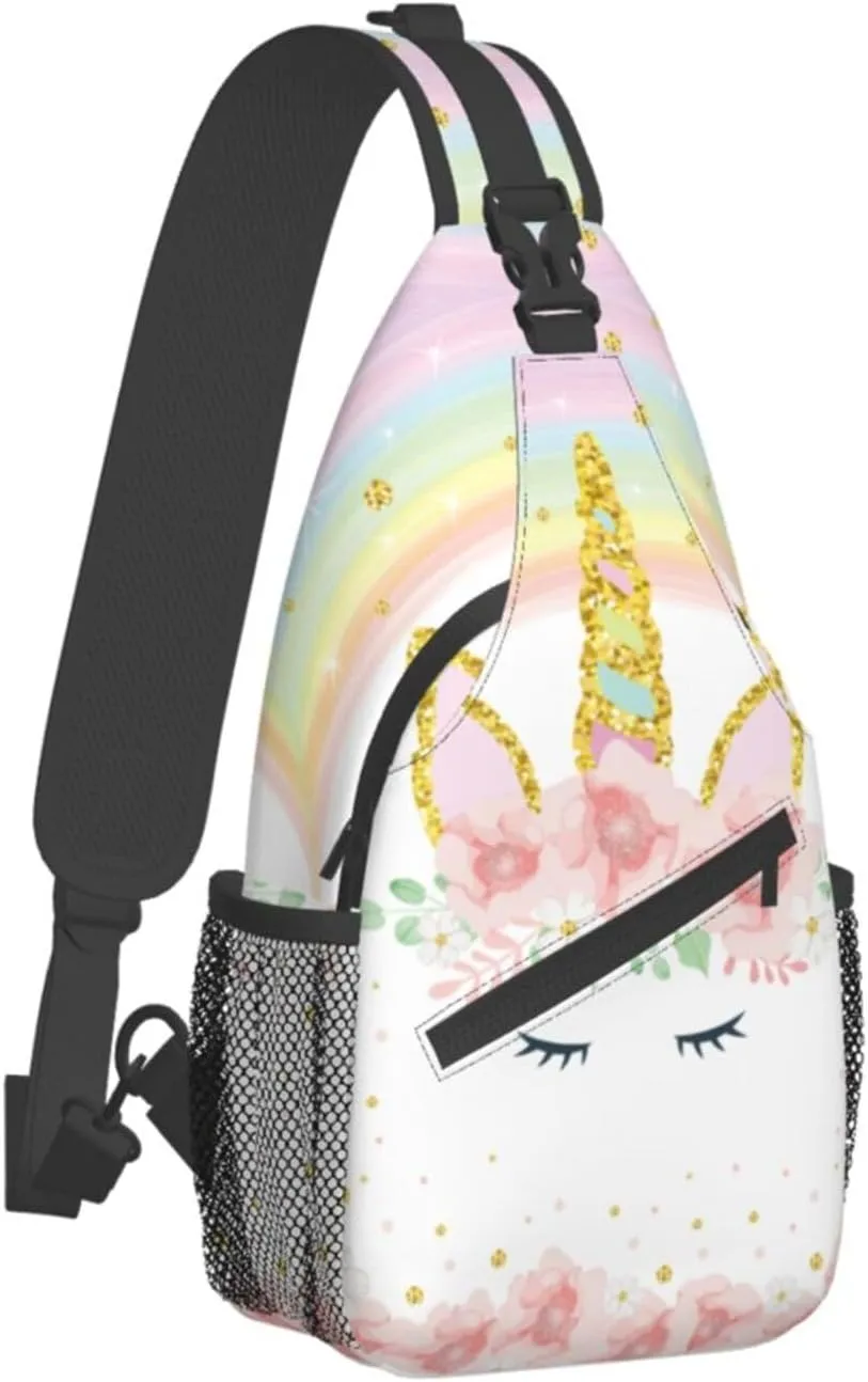 Pink Glitter Flowers Unicorn Sling Bag Crossbody Backpack for Women Men Hiking Travel Over the Shoulder Daypack Casual One Strap Pack Lightweight Cross Chest Bag Purse Outdoor Cycling