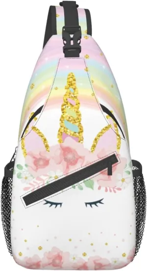 Pink Glitter Flowers Unicorn Sling Bag Crossbody Backpack for Women Men Hiking Travel Over the Shoulder Daypack Casual One Strap Pack Lightweight Cross Chest Bag Purse Outdoor Cycling