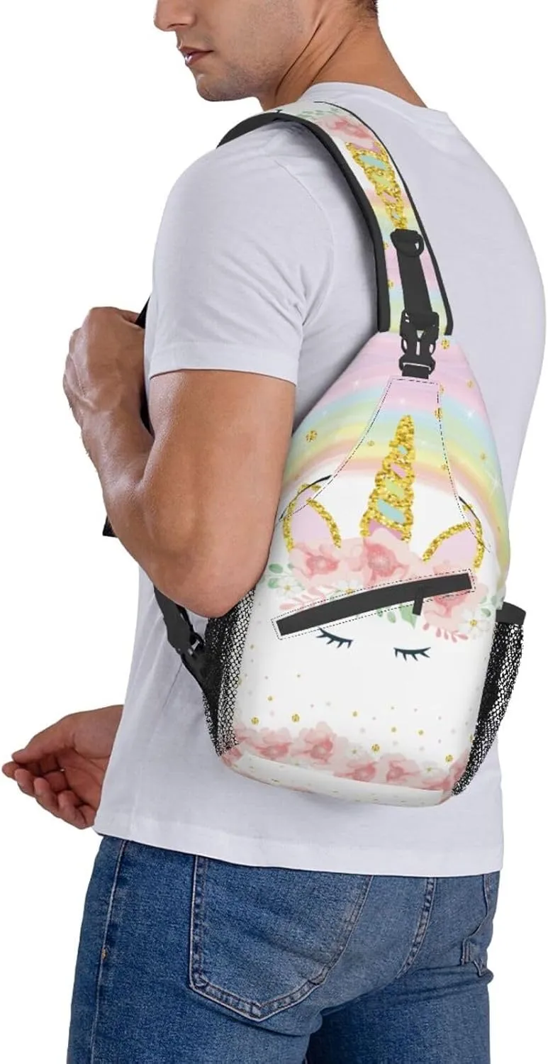 Pink Glitter Flowers Unicorn Sling Bag Crossbody Backpack for Women Men Hiking Travel Over the Shoulder Daypack Casual One Strap Pack Lightweight Cross Chest Bag Purse Outdoor Cycling