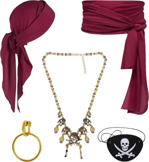 Pirate Costume Women Men 5Pcs Pirate Head Scarf Bandana Pirate Sash Belt Accessories Set Red
