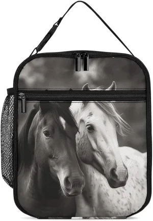 Portable Cooler Warmer Lunch Bag Insulated Lunch Bag with Side Mesh Black And White Horses Thermal Reusable Lunch Box Large Capacity Leakproof Lunchbag for Work Picnic Travel