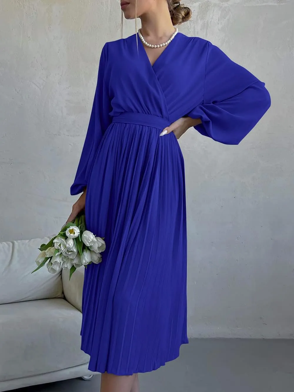 PRETTYGARDEN Women's Spring Midi Dress Long Puff Sleeve Wrap V Neck Flowy Ruffle Pleated Casual Fall Dresses