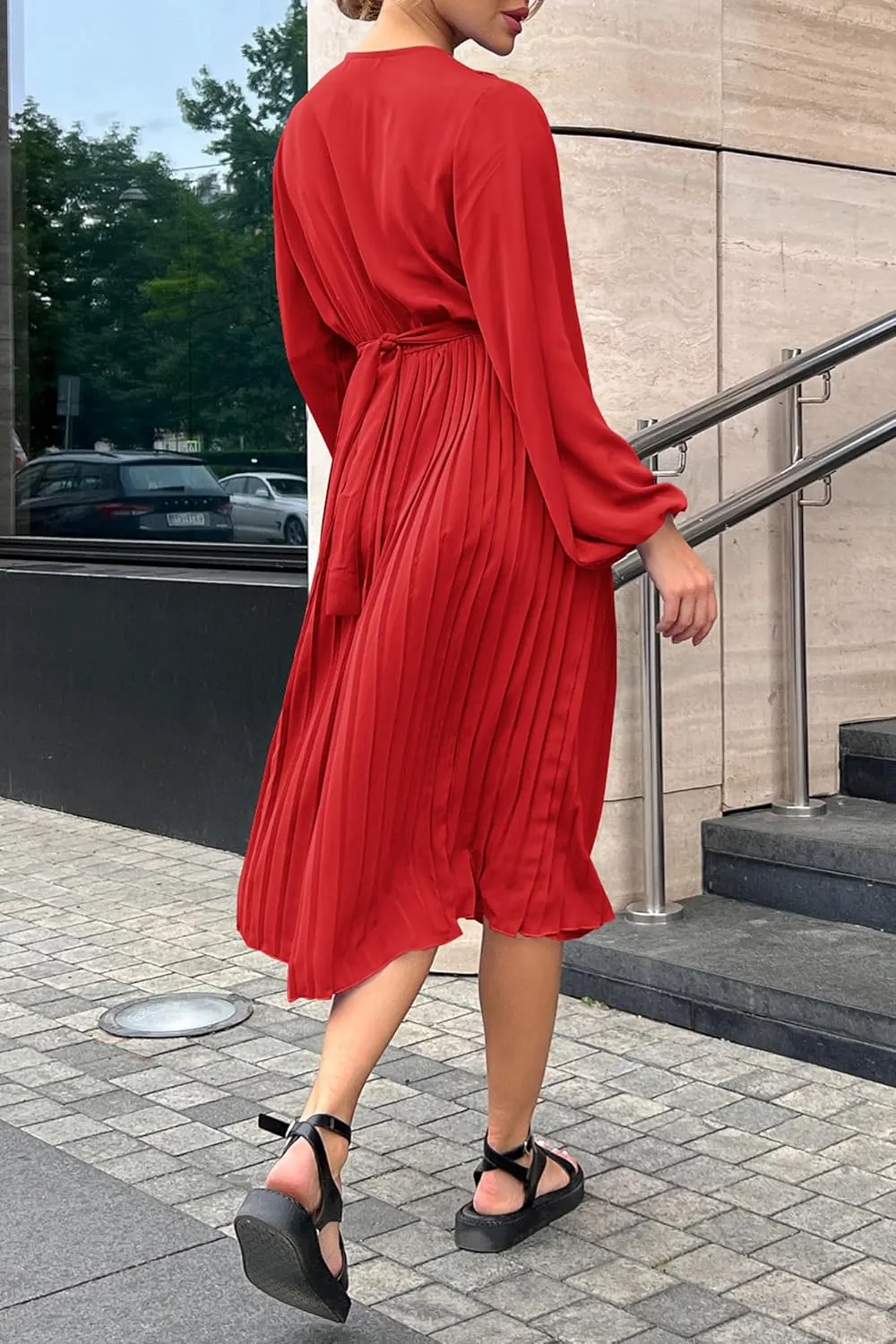PRETTYGARDEN Women's Spring Midi Dress Long Puff Sleeve Wrap V Neck Flowy Ruffle Pleated Casual Fall Dresses