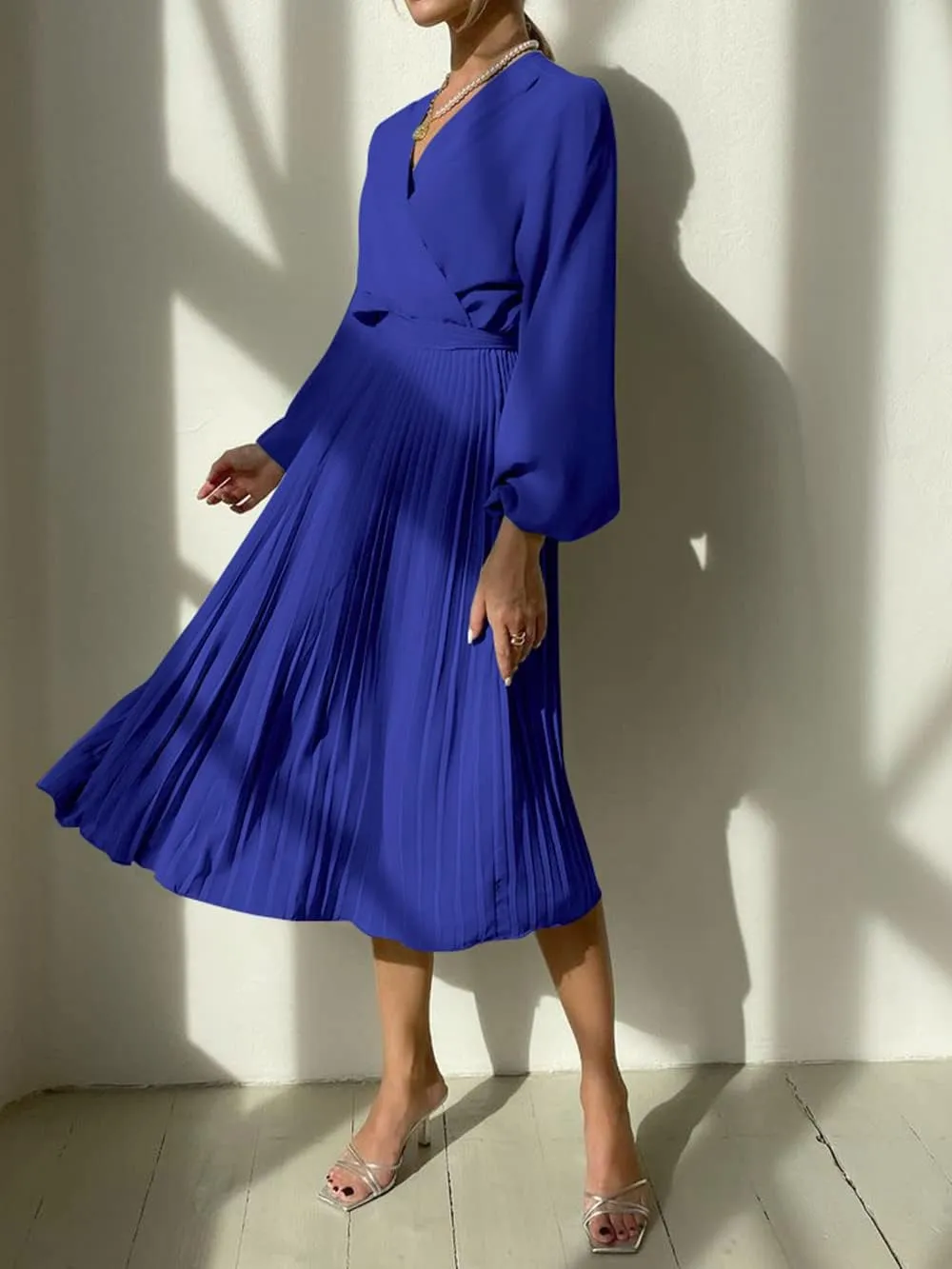 PRETTYGARDEN Women's Spring Midi Dress Long Puff Sleeve Wrap V Neck Flowy Ruffle Pleated Casual Fall Dresses