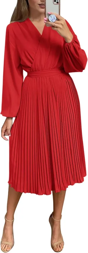 PRETTYGARDEN Women's Spring Midi Dress Long Puff Sleeve Wrap V Neck Flowy Ruffle Pleated Casual Fall Dresses