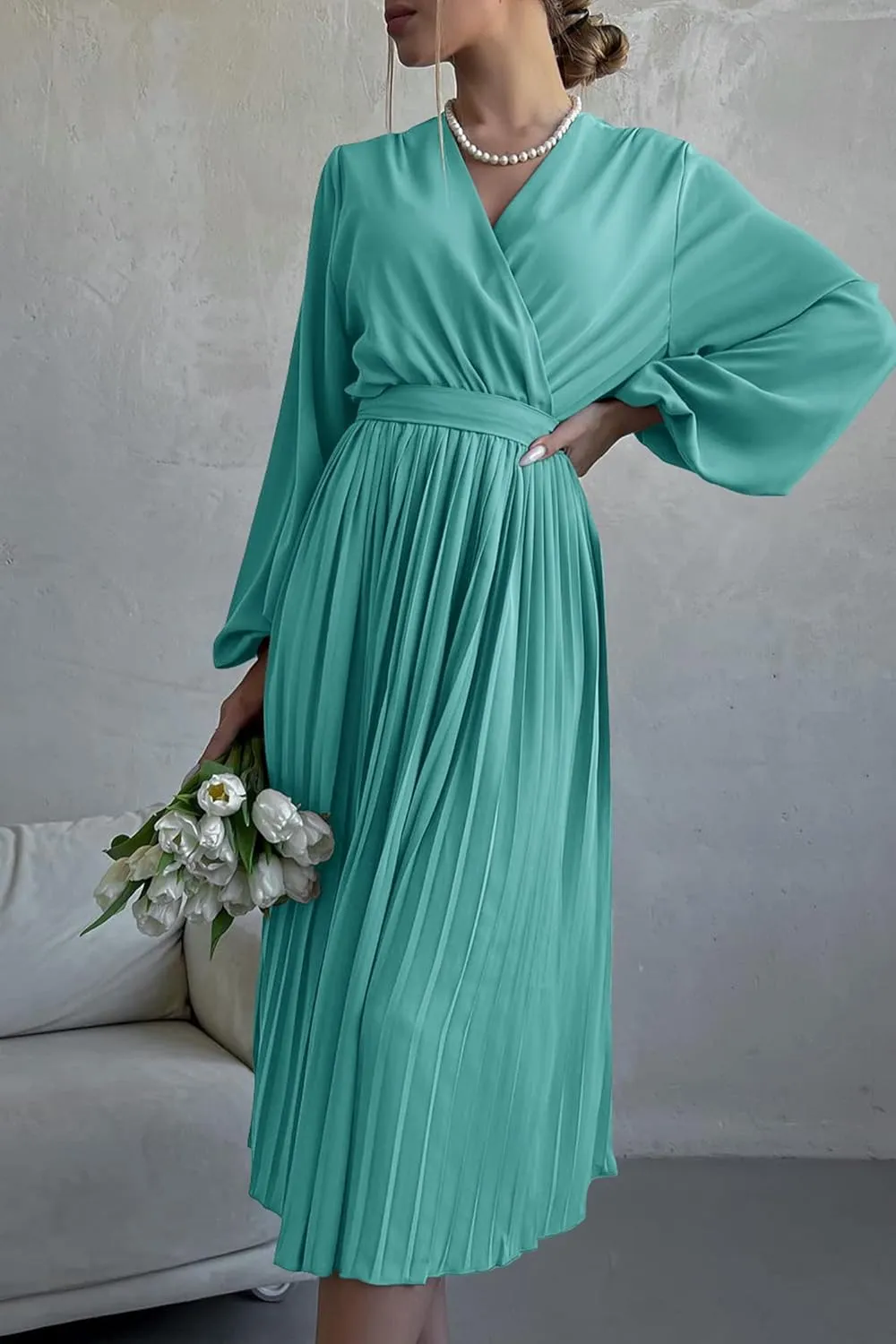 PRETTYGARDEN Women's Spring Midi Dress Long Puff Sleeve Wrap V Neck Flowy Ruffle Pleated Casual Fall Dresses