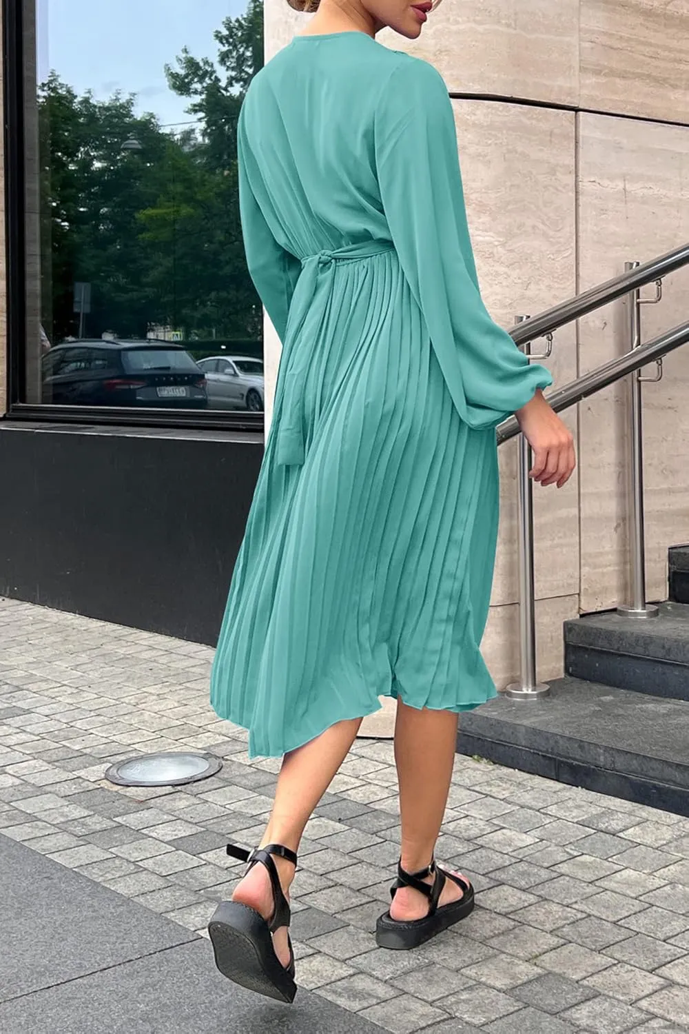PRETTYGARDEN Women's Spring Midi Dress Long Puff Sleeve Wrap V Neck Flowy Ruffle Pleated Casual Fall Dresses