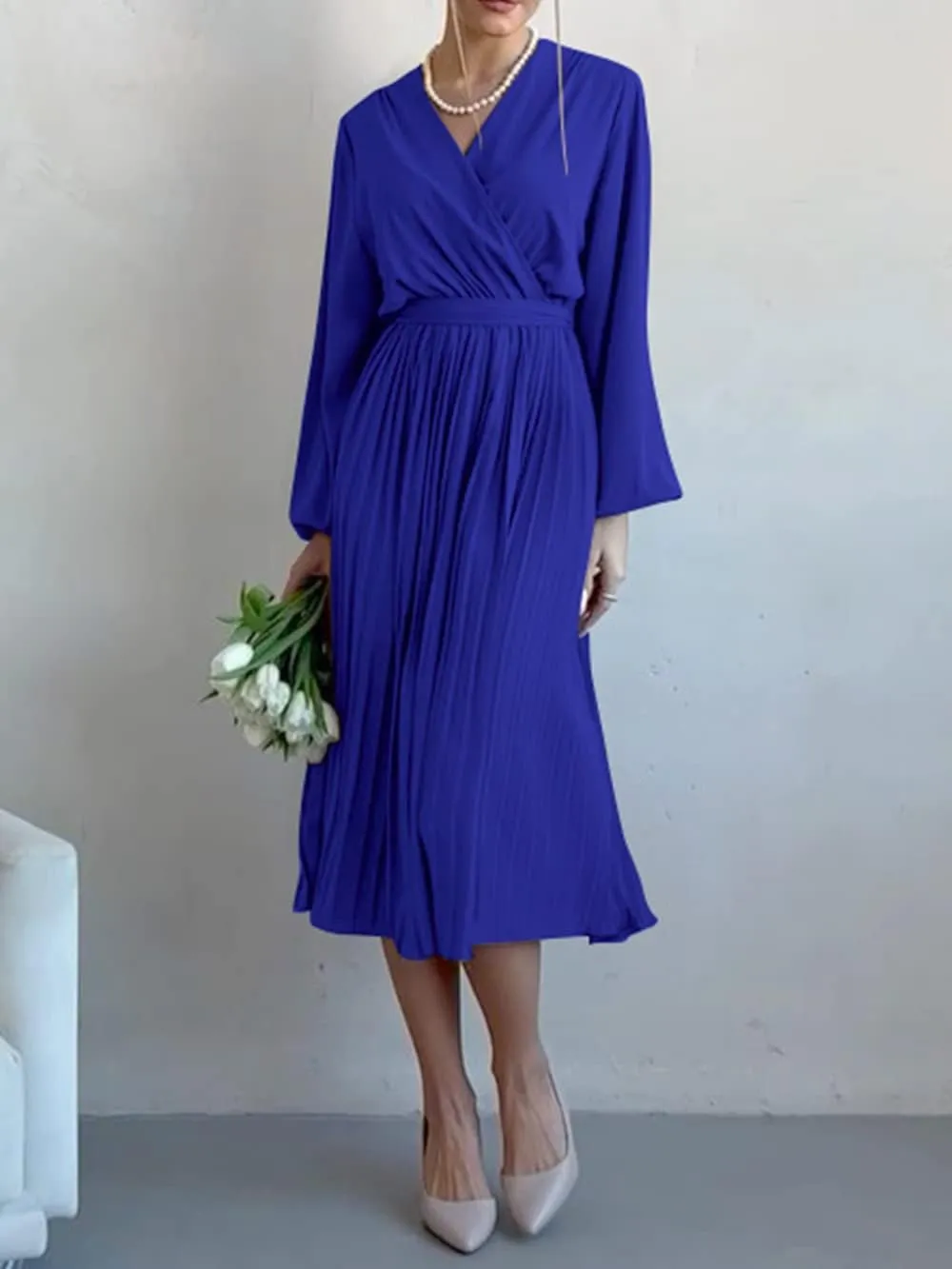 PRETTYGARDEN Women's Spring Midi Dress Long Puff Sleeve Wrap V Neck Flowy Ruffle Pleated Casual Fall Dresses