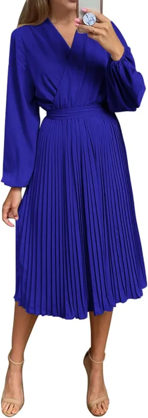 PRETTYGARDEN Women's Spring Midi Dress Long Puff Sleeve Wrap V Neck Flowy Ruffle Pleated Casual Fall Dresses
