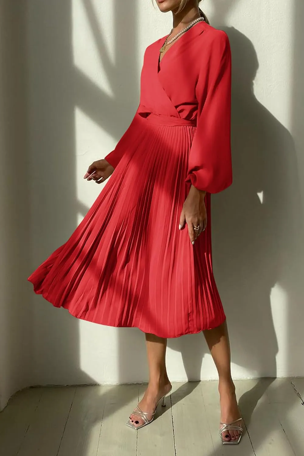 PRETTYGARDEN Women's Spring Midi Dress Long Puff Sleeve Wrap V Neck Flowy Ruffle Pleated Casual Fall Dresses