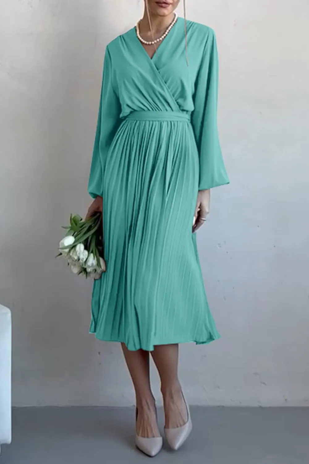 PRETTYGARDEN Women's Spring Midi Dress Long Puff Sleeve Wrap V Neck Flowy Ruffle Pleated Casual Fall Dresses