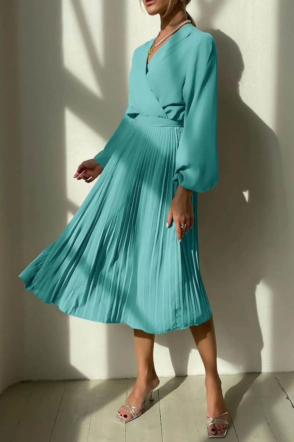 PRETTYGARDEN Women's Spring Midi Dress Long Puff Sleeve Wrap V Neck Flowy Ruffle Pleated Casual Fall Dresses
