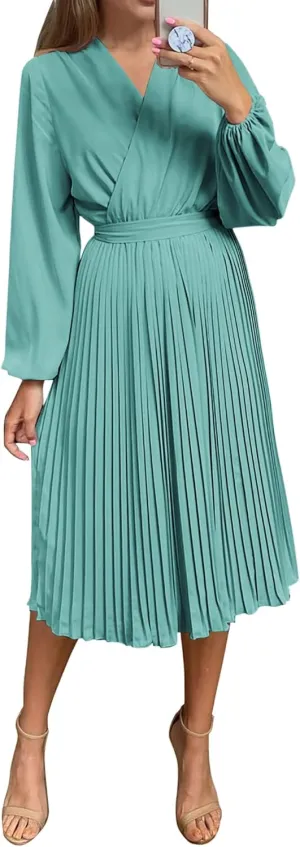 PRETTYGARDEN Women's Spring Midi Dress Long Puff Sleeve Wrap V Neck Flowy Ruffle Pleated Casual Fall Dresses