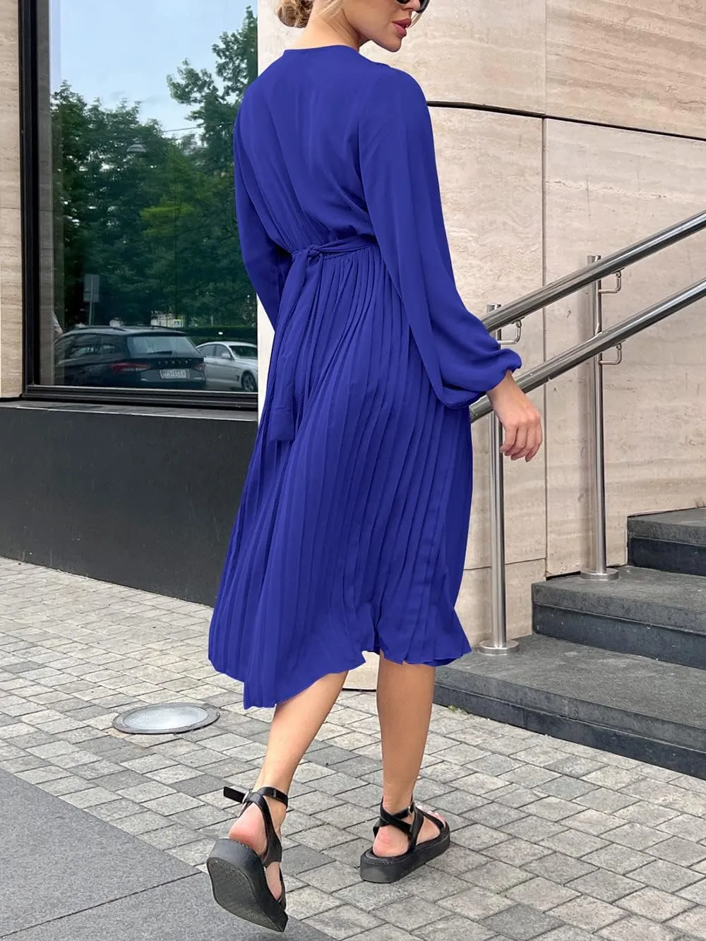 PRETTYGARDEN Women's Spring Midi Dress Long Puff Sleeve Wrap V Neck Flowy Ruffle Pleated Casual Fall Dresses