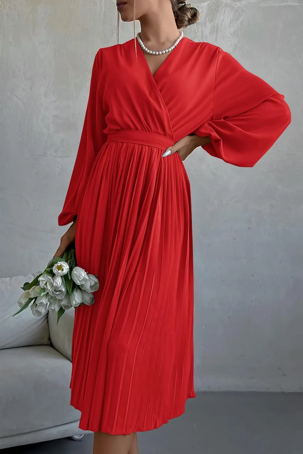 PRETTYGARDEN Women's Spring Midi Dress Long Puff Sleeve Wrap V Neck Flowy Ruffle Pleated Casual Fall Dresses