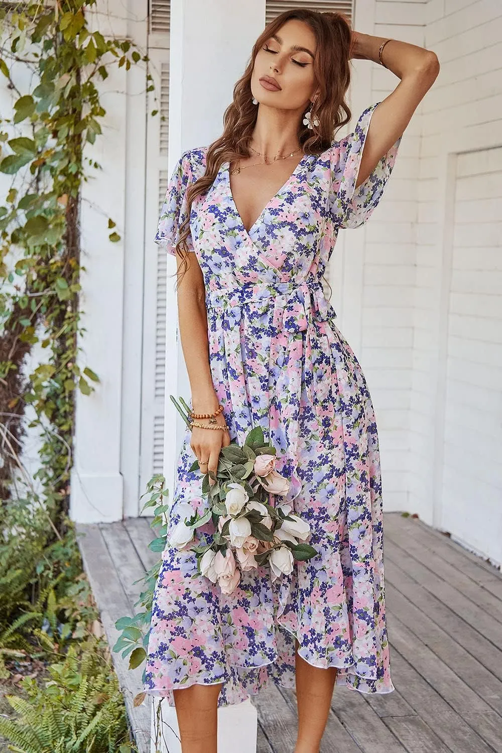 PRETTYGARDEN Women's Summer Floral Boho Maxi Dress Wrap Short Sleeve V Neck Ruffle A-Line Flowy Wedding Guest Long Dresses