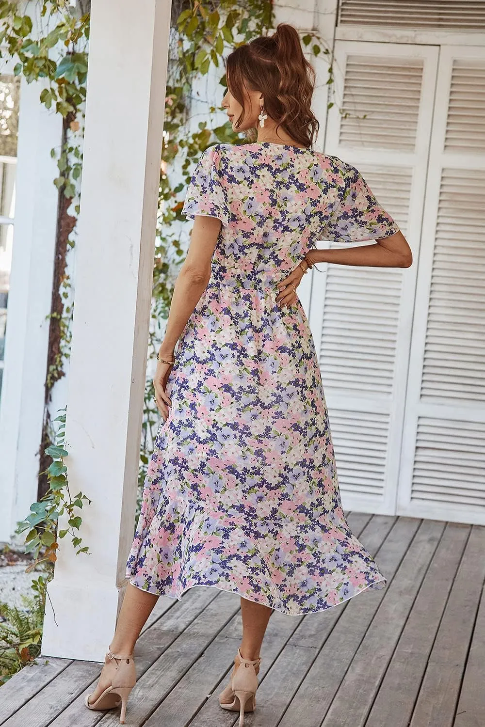 PRETTYGARDEN Women's Summer Floral Boho Maxi Dress Wrap Short Sleeve V Neck Ruffle A-Line Flowy Wedding Guest Long Dresses