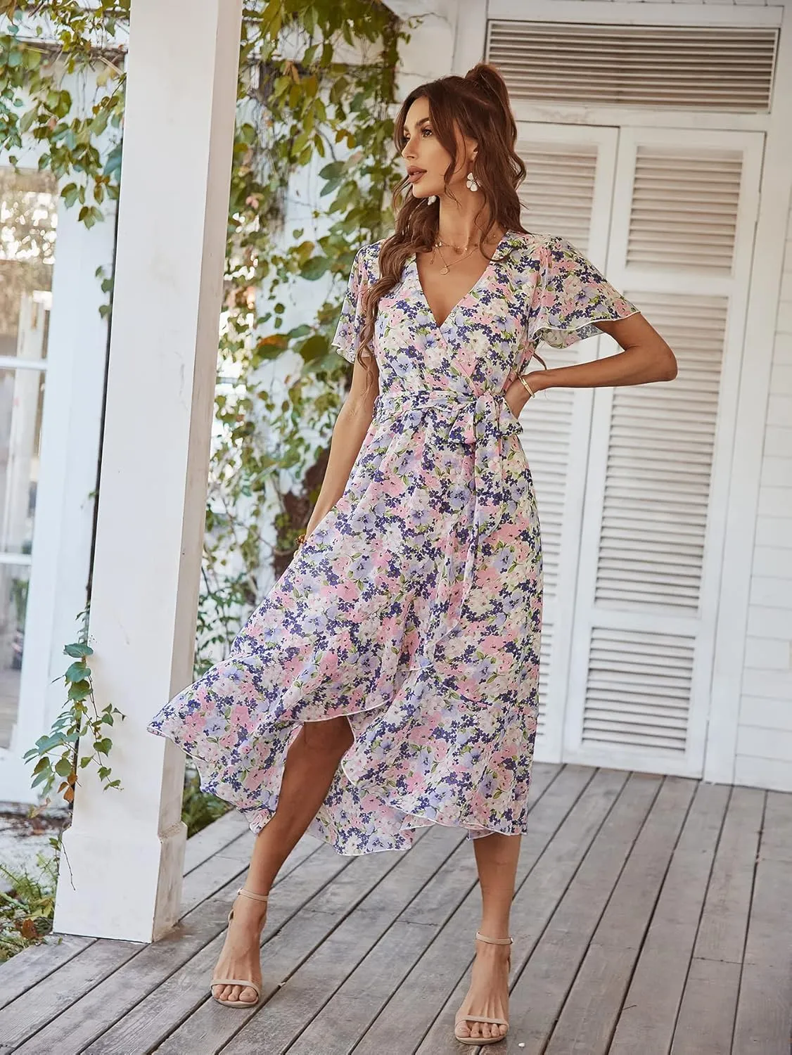 PRETTYGARDEN Women's Summer Floral Boho Maxi Dress Wrap Short Sleeve V Neck Ruffle A-Line Flowy Wedding Guest Long Dresses