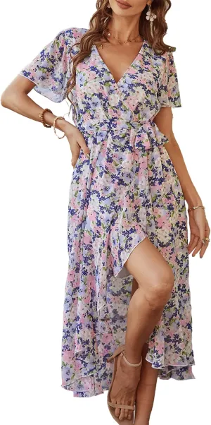 PRETTYGARDEN Women's Summer Floral Boho Maxi Dress Wrap Short Sleeve V Neck Ruffle A-Line Flowy Wedding Guest Long Dresses