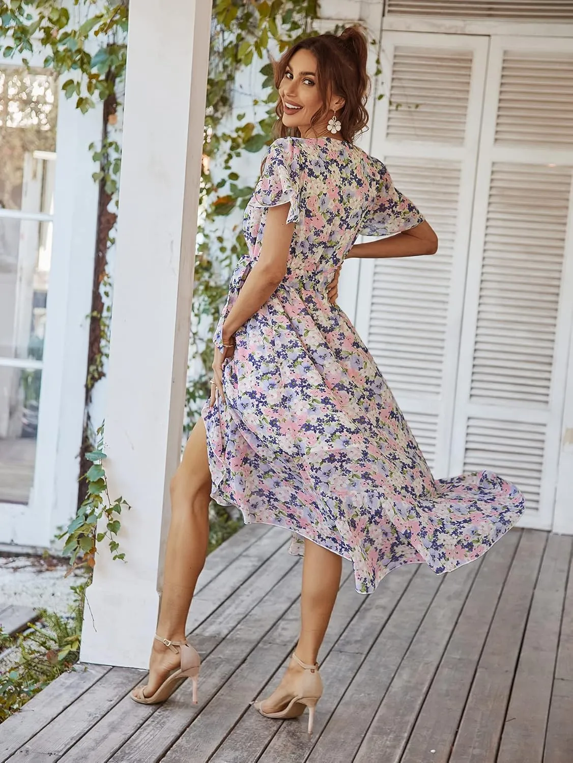 PRETTYGARDEN Women's Summer Floral Boho Maxi Dress Wrap Short Sleeve V Neck Ruffle A-Line Flowy Wedding Guest Long Dresses