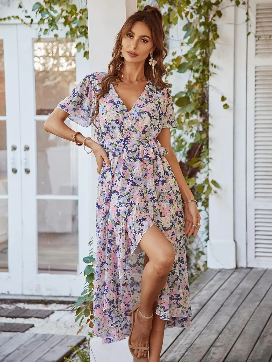 PRETTYGARDEN Women's Summer Floral Boho Maxi Dress Wrap Short Sleeve V Neck Ruffle A-Line Flowy Wedding Guest Long Dresses