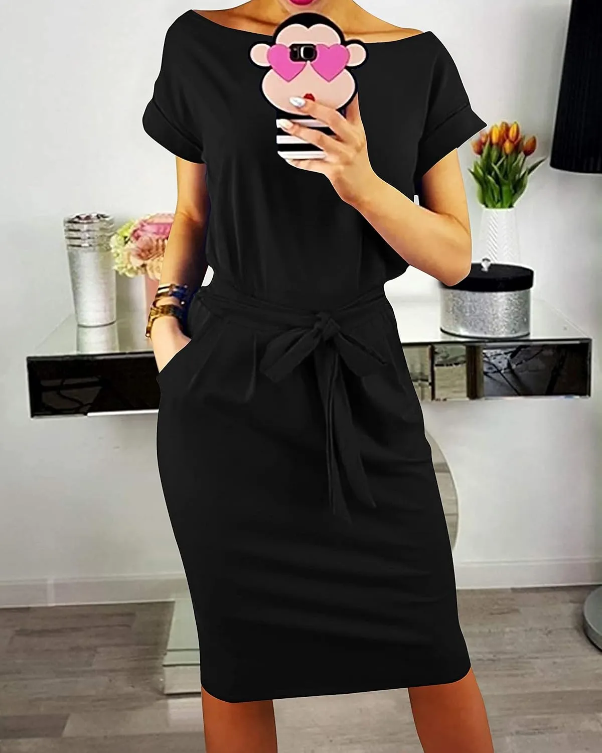 PRETTYGARDEN Women's Summer Short Sleeve Crewneck Striped Dress Basic Solid Tie Waist Office T Shirt Dresses Pockets