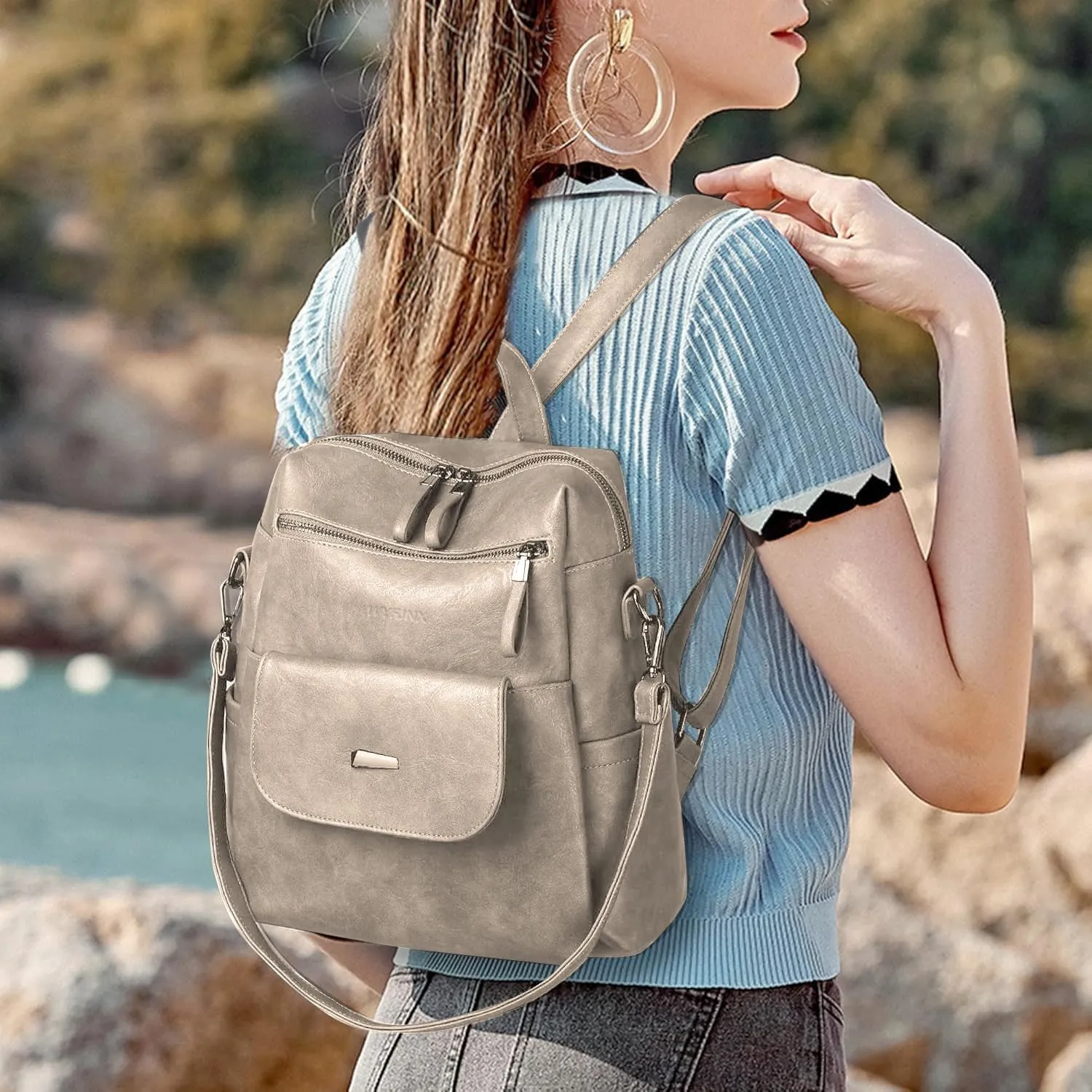 PU Leather Backpack Purse for Women Fashion Multipurpose Design Handbag Ladies Shoulder Bags Travel Backpack Beige