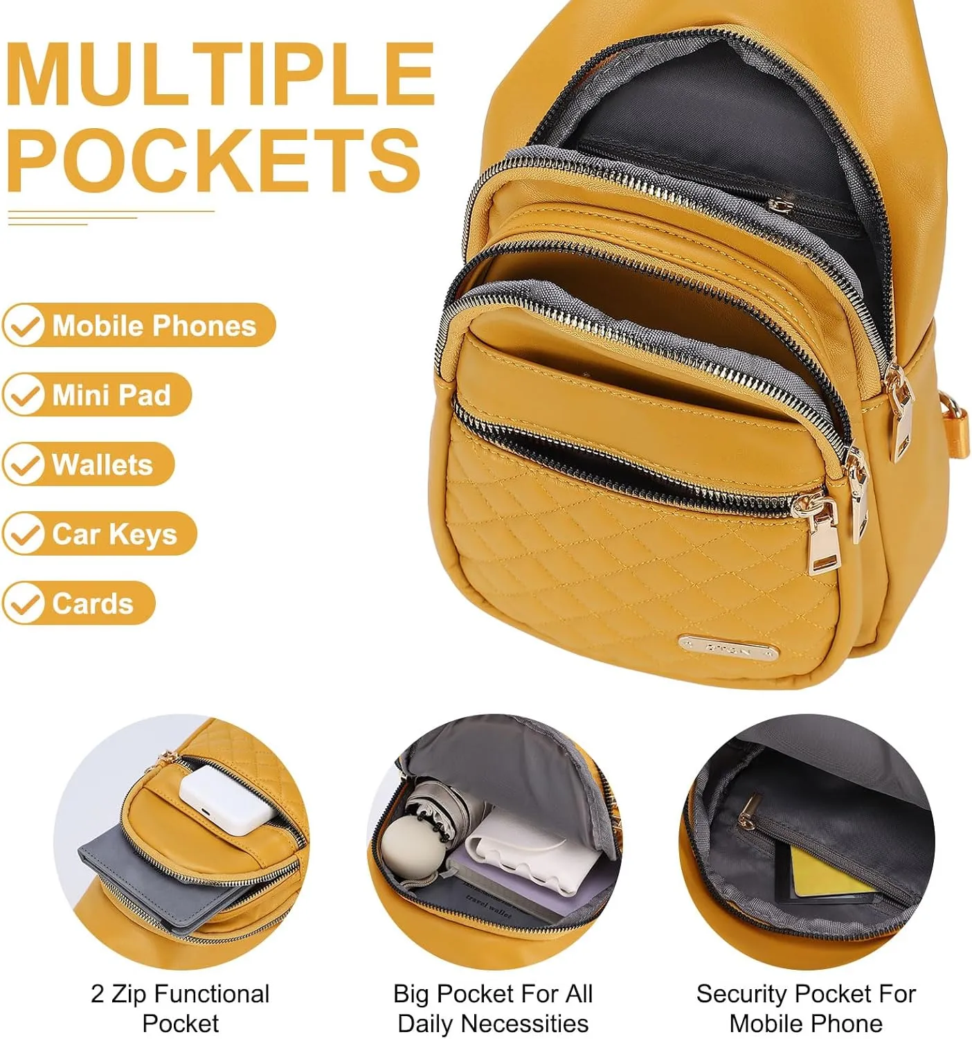 PU Leather Small Sling Bag Mini Crossbody Backpack Daypack - 7.9" Good for Hiking Travel Running Cycling Sports - Ginger