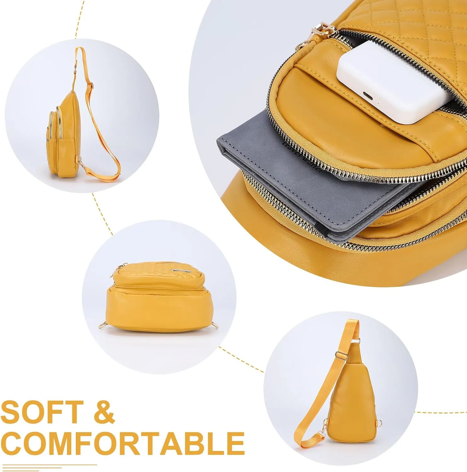 PU Leather Small Sling Bag Mini Crossbody Backpack Daypack - 7.9" Good for Hiking Travel Running Cycling Sports - Ginger