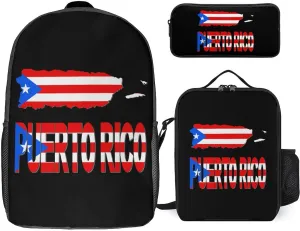 Puerto Rico Map Flag 3Pcs Backpack Set Cute Laptop Backpack Travel Daypack with Lunch Bag Pencil Case