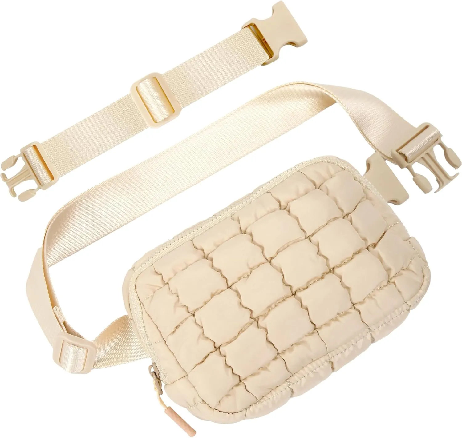 Puffer Crossbody Bag for Women – Plus Size Friendly Belt Bag – Quilted Fanny Pack w/Extender – Extra Long Strap 75" Fits XS-12X – Mini Puffer Bag for Travel Gym Trending Gift for Women (Rice white)