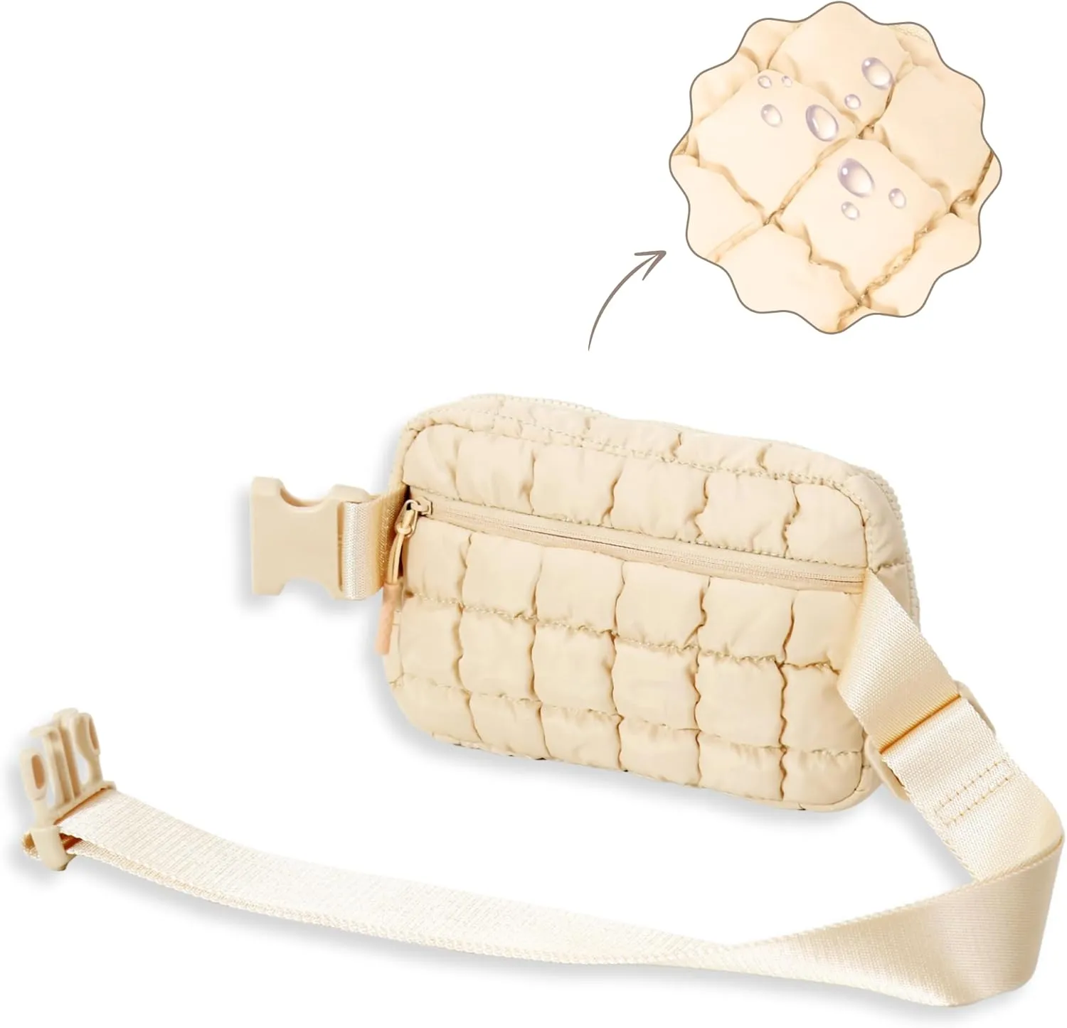 Puffer Crossbody Bag for Women – Plus Size Friendly Belt Bag – Quilted Fanny Pack w/Extender – Extra Long Strap 75" Fits XS-12X – Mini Puffer Bag for Travel Gym Trending Gift for Women (Rice white)