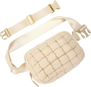 Puffer Crossbody Bag for Women – Plus Size Friendly Belt Bag – Quilted Fanny Pack w/Extender – Extra Long Strap 75" Fits XS-12X – Mini Puffer Bag for Travel Gym Trending Gift for Women (Rice white)