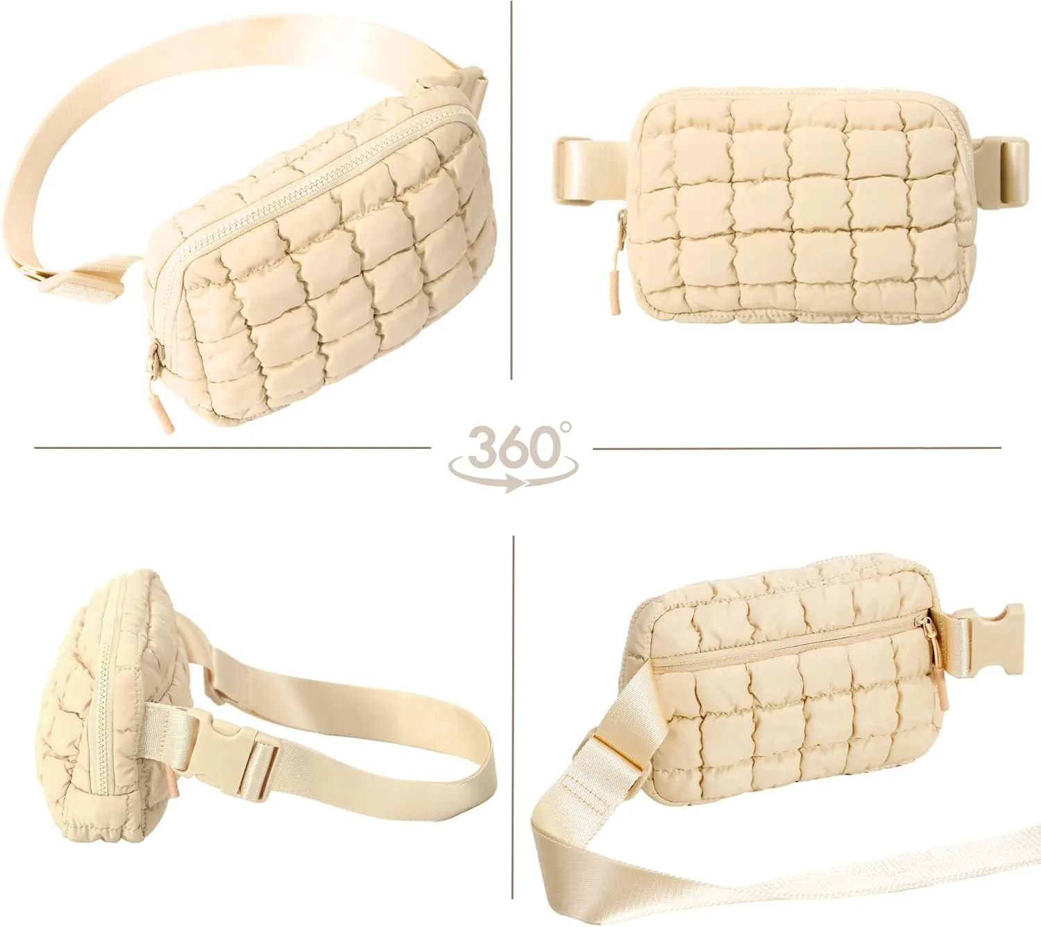 Puffer Crossbody Bag for Women – Plus Size Friendly Belt Bag – Quilted Fanny Pack w/Extender – Extra Long Strap 75" Fits XS-12X – Mini Puffer Bag for Travel Gym Trending Gift for Women (Rice white)