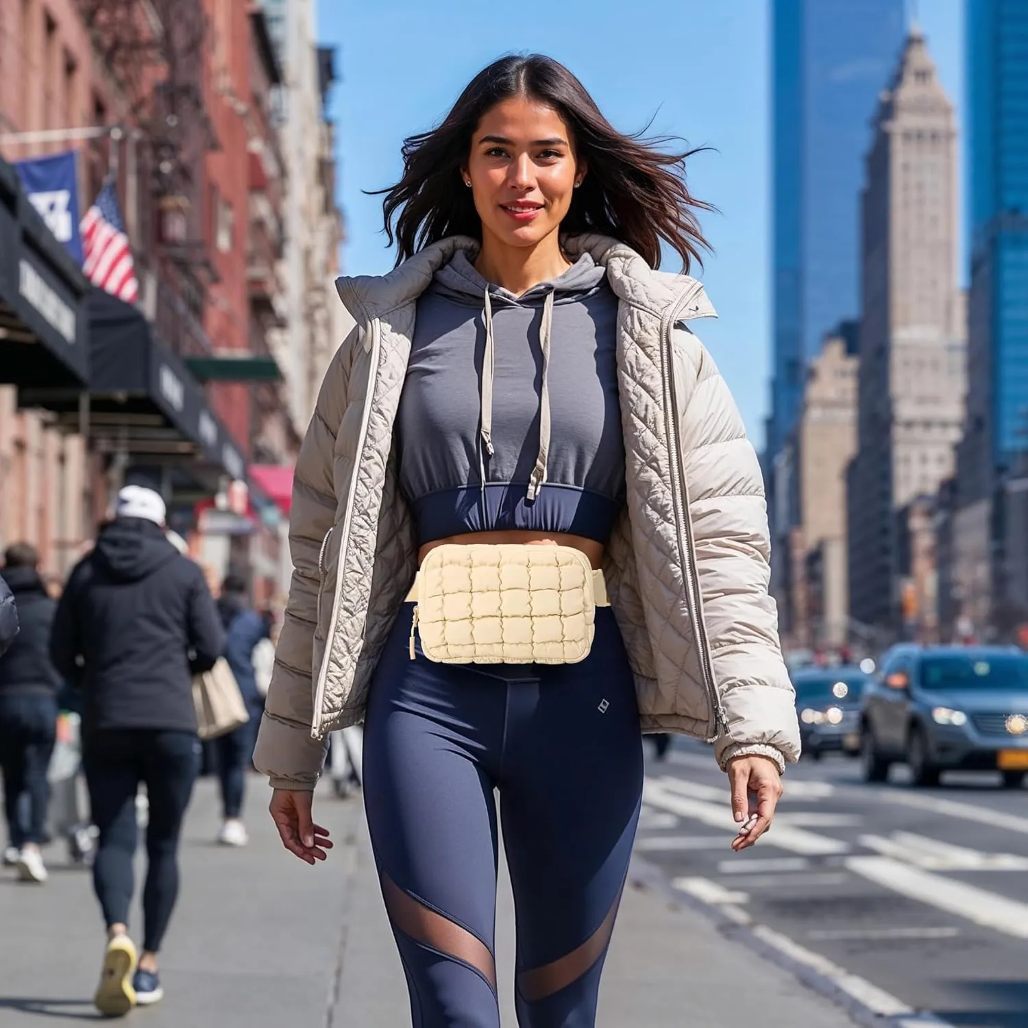 Puffer Crossbody Bag for Women – Plus Size Friendly Belt Bag – Quilted Fanny Pack w/Extender – Extra Long Strap 75" Fits XS-12X – Mini Puffer Bag for Travel Gym Trending Gift for Women (Rice white)
