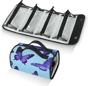 Purple Butterfly Travel Toiletry Bag for Women, 4 in 1 Roll Up Makeup Cosmetic Bag With 4 Removable PVC Zipper Pouch