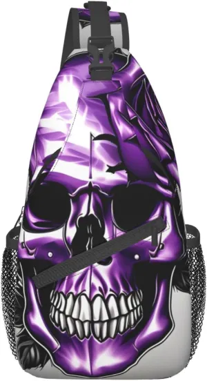 Purple Rose and Skull Print Sling Backpack, Sling Bag, Crossbody Chest Bag Daypack, for Hiking Travel